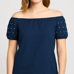 Carolina K Off The Shoulder Top Cotton Puff Sleeve‎ Embroidered Boho Navy Top XS Blue Photo 0