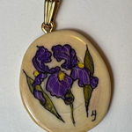 Floral Iris‎ Pendant Necklace, Hand Painted Stone Pendant, Gold Tone Bail Purple Photo 0