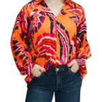 JODIFL  Orange Print Blouse Long Sleeve Button Down Shirt Women Size Medium‎ New Photo 0