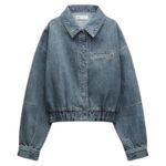 ZARA Cropped Denim Jacket Medium Wash Size XS Elastic Hem Bomber Style Photo 4