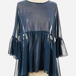 BCBGeneration  Sheer Oversized Blouse Women's Small Navy‎ Blue Ruffle 3/4 Sleeves Photo 0