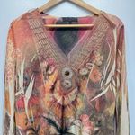 3/4 Sleeve Floral Print Top w Mesh Trimmed V Neckline & Beaded Medallions Bleu Size L Photo 2