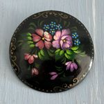 Gorgeous Hand Painted Floral Vintage Brooch Black W Flowers Made In Russia Multiple Photo 0