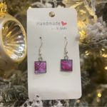 Handmade Poured Paint Square Earrings Swirl Stainless Steel Elderly Artisan Pink Photo 2