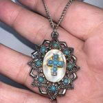 Vintage Silver Tone With Mother of Pearl and Turquoise beads Cross Cameo Pendant Photo 2