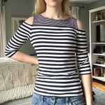 retro cold shoulder striped 3/4 sleeves shirt Blue Photo 0