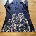 CHAPS Denim Women’s Hoodie Knit Top V-Neck Navy Blue Paisley Print Size Large Photo 2