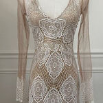 Luxxel White Crochet Lace Nude Mesh Sheath Dress Long Sleeves XS Photo 0