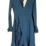 Boohoo  Blue Plunging Neck Ruffled Trim Faux Wrap Style Detail Dress Women Sz 4 Photo 0