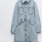 ZARA  Jeans Denim Long Sleeve Bruiser Stretch Frayed Mini Shirt Dress Sz M Photo 2