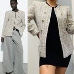 ZARA  New Women Luxury Ecru Black Fitted Textured Round Collar Blazer Size L Photo 0