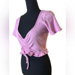 ZARA  Pink Ruffled Ruched Waist Front Tie V-Neck Top – Coquette Style Blouse | S Photo 1