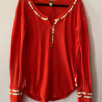 We The Free  Orange Red Embroidered Henley Long Sleeve Shirt Women's size Medium Photo 0