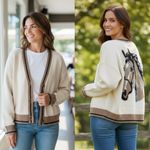 NWT Cream Horseback Knit Varsity Cardigan Sweater Jacket Horse Motif Medium Brown Photo 2