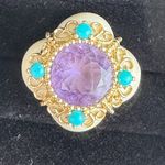 14K RARE Yellow Gold Bezel Amethyst Turquoise Quatrefoil White Agate Ring S 6.5 Photo 3