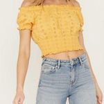 WOLF WOMEN'S KNIT EYELET SMOCKED CROP TOP SZ L Yellow Size L Photo 0
