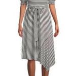 Karl Lagerfeld Paris Belted Striped Pouf Sleeve Round Neck Midi Fit Flare Dress Photo 0