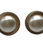 Vintage Costume Earrings Button Pearl Gold Clip On Screw Back 3/4 Inch Photo 0