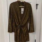 ZARA  NWT floral jacquard khaki green mini dress long sleeve Front knot with ties Photo 8