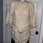 Elegant Cream Lace Trim Women's beach top hippie boho shirt White Photo 0