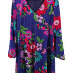 Trina Turk  Floral Print V Neck Bell Sleeve Dress Size 14 Blue Pink Red Green Photo 0