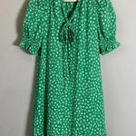 DKNY Puff Sleeve Front Print Tie Neck Mini Swing Dress Women's 4 Green Chiffon Photo 6