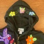 Embroidered Birds Floral Artisanal Zip Up Hoodie size Medium Black Photo 4