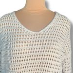 None Oatmeal Cream Crochet Cropped Knit Open-Weave Vneck Oversized Pullover Sweater Photo 2
