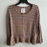 Free People We The Free Auntie Em Brown and Black Striped Fringe Neck Peplum Sweater Top S Photo 0