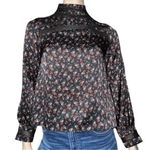 Intermix  Women’s 0 Black Floral Silk Mock Neck Long Sleeve Lace Insert Blouse Photo 0