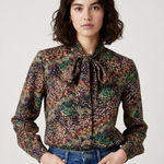 LADY ARROW Vintage 70s Polyester Floral Button Up Tie Bow Front Blouse Medium Green Photo 0