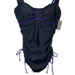 Athleta NWT Women Black & Purple Sara Swim Dress Ruched Overlay Size 34 B/C Tall Photo 4