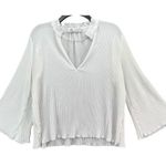 ZARA  Blouse Womens S White Pleated 3/4 Bell Sleeve Fringe V Neck Semi Sheer Top Photo 0