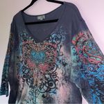 Vintage Essentials Size 1X Graphic V Neck Top Pastel Y2K Fairy Whimsical Blue Photo 1
