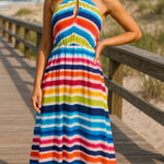NWT V Cristina Multicolor Striped Halter Maxi Dress Rainbow Summer Size 6 White Photo 0