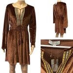 Luukse Brown Boho Velour Embroidered Tie Neck Tassel Mini Midi Dress Medium Photo 1