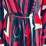 Loft  Plum Navy Red White Geometric Printed Long Sleeve Shift Shirt Dress Photo 6