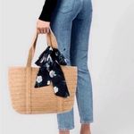 Draper James Everyday Straw Shoulder Bag Purse Navy Floral Scarf Woven Tan Brown Photo 1