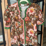 Entro  ruffle blouse floral puff short sleeve neck mock pink thanksgiving top Photo 0