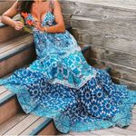 Rococo Sand Oriental Labyrinth Printed Sleeveless Tassel Lace Tiered Maxi Dress Blue Size XS Photo 2