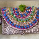 NEW America & Beyond Pom Pom Jute Colorful Beach Party Cocktail Clutch Bag Photo 1