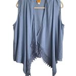 Ruby Rd Woman Vest Top 2X Blue Linen Crochet Trim Open Front Beachy Boho Cowgirl Photo 0