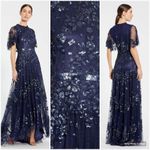 Mac Duggal  9192 Woman’s Blue Sequined High Neck Flutter Sleeve A Line Gown Photo 1