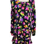 Y2K 100% Silk 90's Bright Floral Long Sleeve Midi Dress Sz 12 Modest Trad Wife Black Photo 0