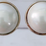 Vintage Clip On Earrings Just Under 7/8" Domed Faux Pearl with Halo Gold Photo 0