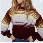 ZARA Wool Alpaca Chunky Knit Pullover Striped Sweater Burgundy Size Medium NWOT Photo 2