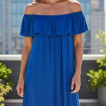 Slinky Brand  dress 1X off shoulder tiered ruffle hem shift stretch travel blue Photo 0