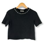 ZARA  | Women's Size 5 | Black Short Sleeve Top w/ Pearl Accented Round Collar Photo 2