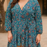 Torrid ‎ Teal Floral Georgette Wrap Tunic Blouse Dress Size 3 3X 22/24 Plus Size Photo 0