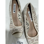 American Eagle Womans 8 1/2 Ivory Crochet Lace Open Toe Wedge Heel Shoe Slip On Photo 1